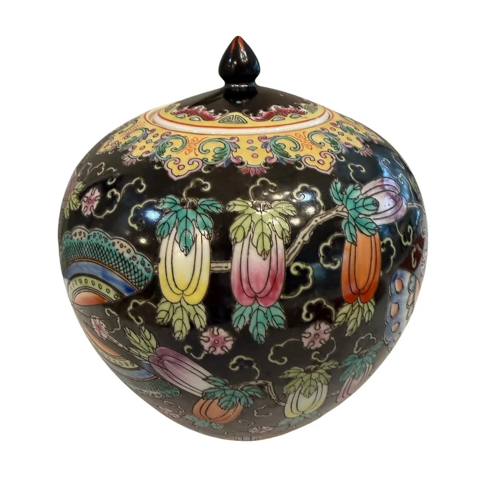 Vintage Black Famille Noire Chinese Porcelain Ginger Jar Celestial Moth 8.5in